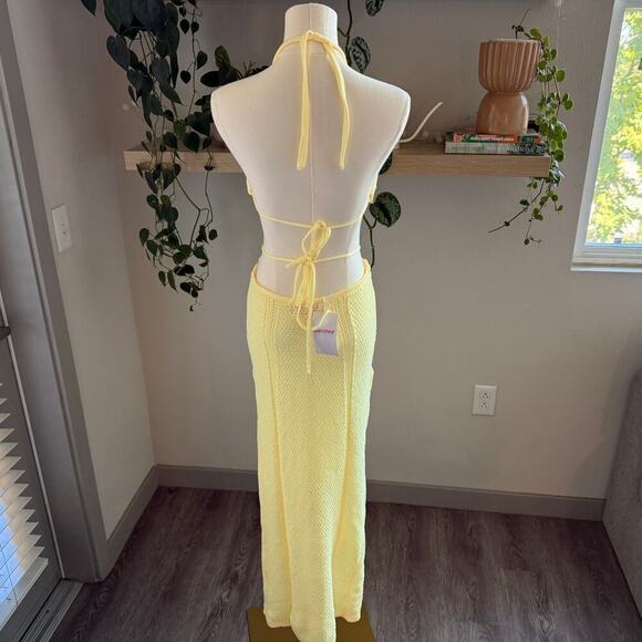 Yellow Crochet Knit Halter Maxi Dress Swim Cutout Open Back, Boho Beachwear, S/M - Picture 2 of 9